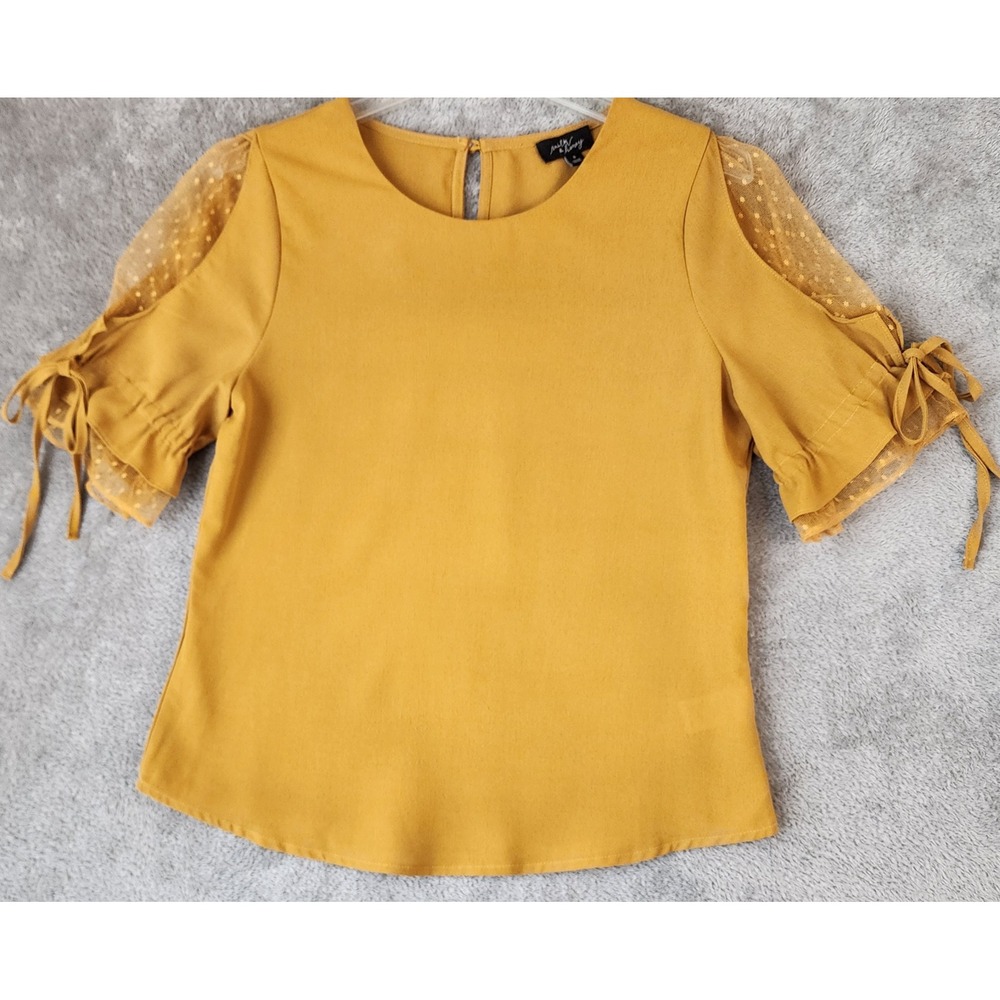 Milk & Honey Blouse Womens Small Mustard Yellow Cold Shoulder Swiss Dot Mesh Tie